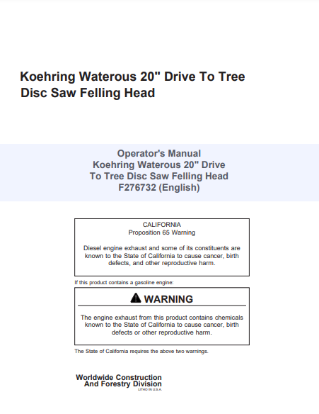 F276732 - JOHN DEERE 20 INCH (INCH SERIES) Forestry Dtt Disc Saw Felling Head OPERATOR MANUAL