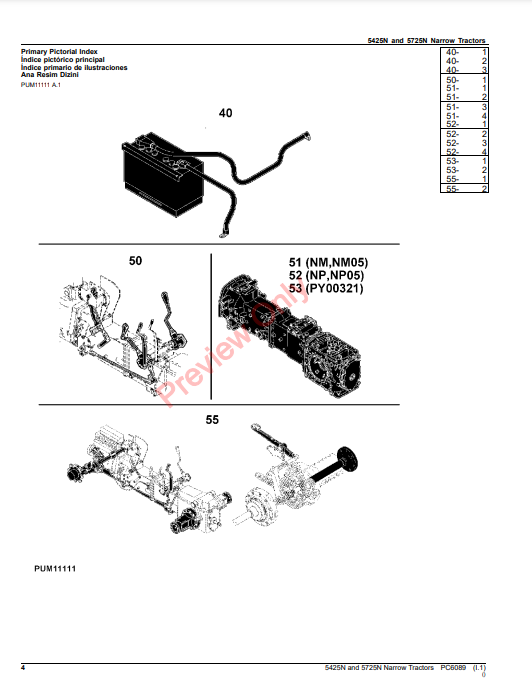 JOHN DEERE 5425 NARROW TRACTOR PC6089 - PARTS CATALOG MANUAL