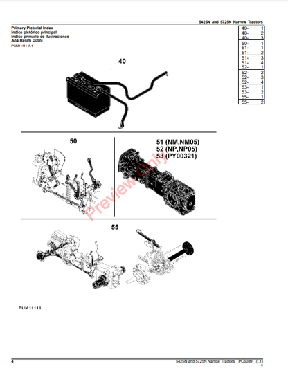 JOHN DEERE 5425 NARROW TRACTOR PC6089 - PARTS CATALOG MANUAL