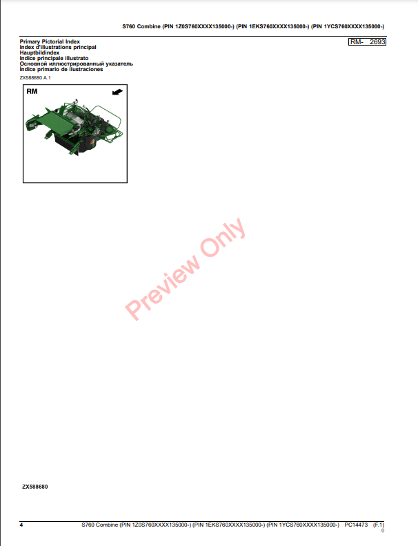 JOHN DEERE S760 COMBINE PC14473 - PARTS CATALOG MANUAL