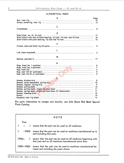 JOHN DEERE S1, S1A ROW CROP CULTIVATOR PC875 - PARTS CATALOG MANUAL