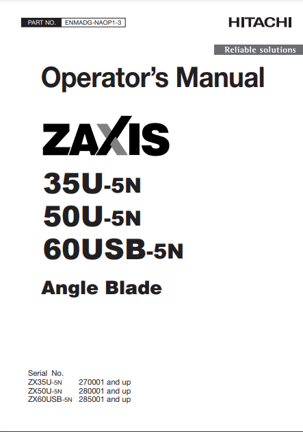 ENMADGNAOP13 - JOHN DEERE ZAXIS35U-5N,ZAXIS50U-5N,ZAXIS60USB-5N (ZAXIS-5 SERIES) Hitachi Excavators OPERATOR MANUAL