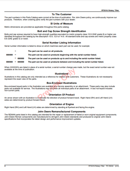 JOHN DEERE RT5316 ROTARY TILLER PC16034 - PARTS CATALOG MANUAL