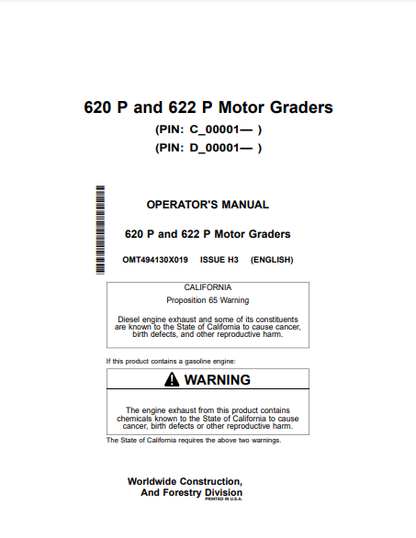 OPERATOR MANUAL - JOHN DEERE 620 P,622 P CONSTRUCTION MOTOR GRADER OMT494130X019