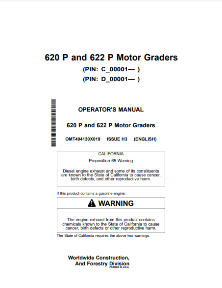 OPERATOR MANUAL - JOHN DEERE 620 P,622 P CONSTRUCTION MOTOR GRADER OMT494130X019