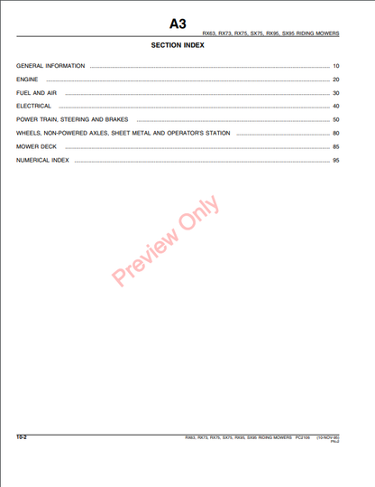 JOHN DEERE RX63, RX73, RX75, RX95, SX75, SX95 RIDING MOWERS PC2106 - PARTS CATALOG MANUAL