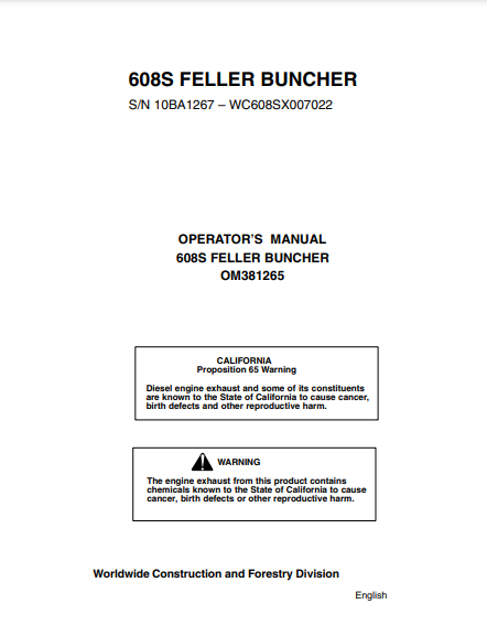 OMF381265- JOHN DEERE 608S (608 SERIES) Forestry Tracked Feller Bunchers OPERATOR MANUAL