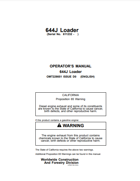 OMT229851 - JOHN DEERE 644J (J SERIES) Construction Loaders OPERATOR MANUAL