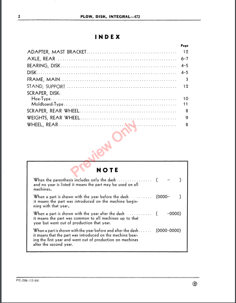 JOHN DEERE 472 INTEGRAL DISK PLOW PC298 - PARTS CATALOG MANUAL