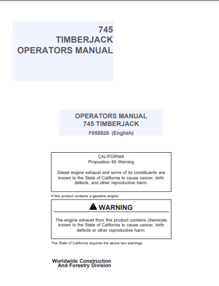 F055920 - JOHN DEERE 745 (SERIES) Forestry Harvesting Head OPERATOR MANUAL