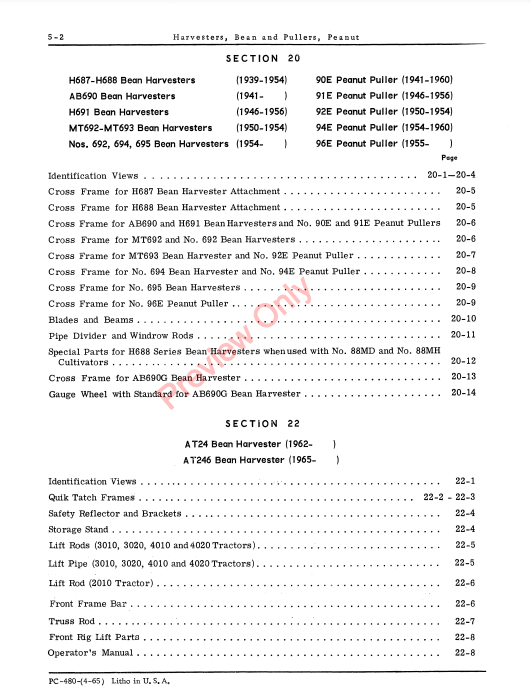 JOHN DEERE PART CAT, BEAN HARVESTER / BEET PULLER PC480 - PARTS CATALOG MANUAL