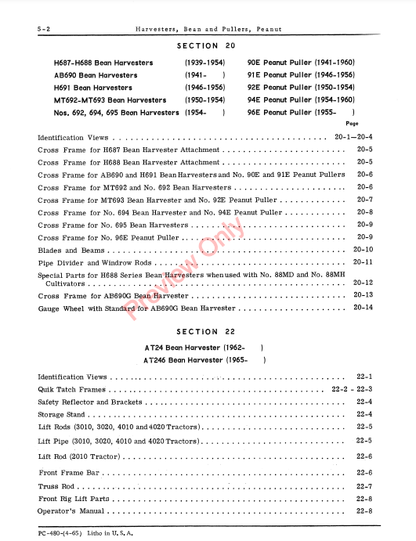 JOHN DEERE PART CAT, BEAN HARVESTER / BEET PULLER PC480 - PARTS CATALOG MANUAL