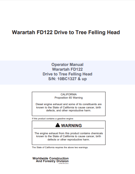 F295411 - JOHN DEERE FD122 Forestry Dtt Disc Saw Felling Head OPERATOR MANUAL