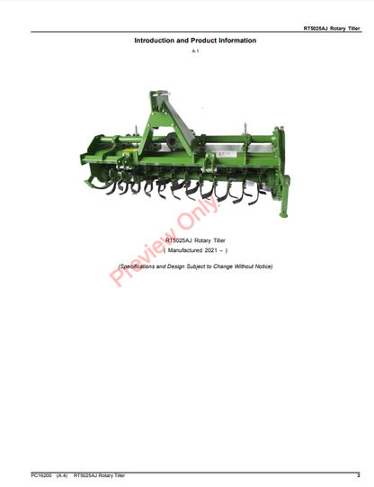 JOHN DEERE RT5025AJ ROTARY TILLER PC16200 - PARTS CATALOG MANUAL