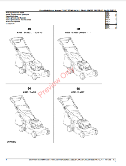 JOHN DEERE 52CM WALK-BEHIND MOWERS 2/4-CYCLE ENGINE FJ180V, SB140, SA20019, SA353, SA354, SA390, SA391, SA392, SA697 PC4399 - PARTS CATALOG MANUAL