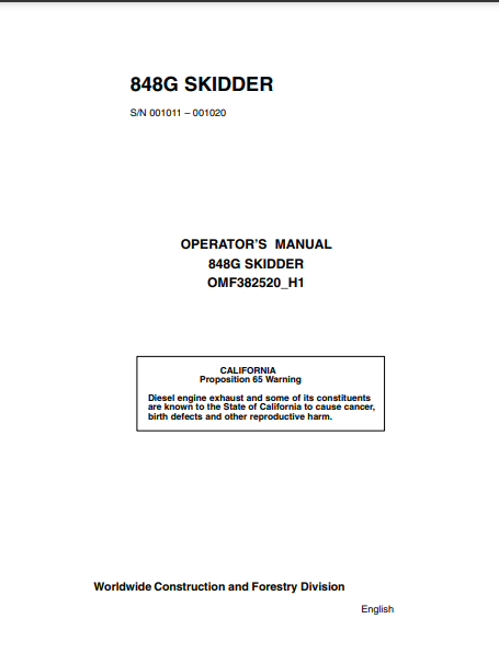 OMF382520 - JOHN DEERE 848G (G SERIES) Forestry Skidders OPERATOR MANUAL