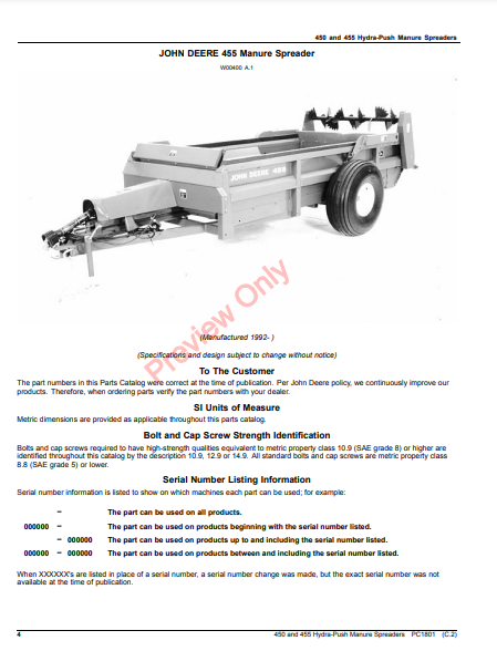 JOHN DEERE 450 AND 455 HYDRA-PUSH MANURE SPREADERS PC1801 - PARTS CATALOG MANUAL