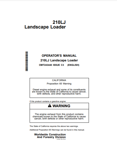 OMT243448 - JOHN DEERE 210LJ (J SERIES) Construction Landscape Loaders OPERATOR MANUAL