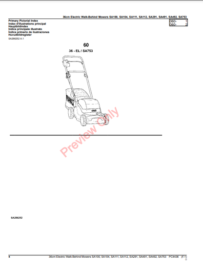 JOHN DEERE 36CM ELECTRIC WALK-BEHIND MOWERS SA100, SA104, SA111, SA112, SA291, SA491, SA492, SA753 PC4436 - PARTS CATALOG MANUAL