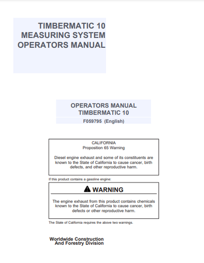 F059795 - JOHN DEERE TIMBERMATIC 10 Forestry Measuring Systems OPERATOR MANUAL