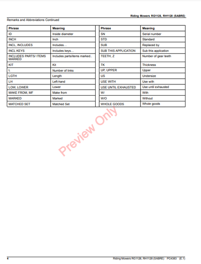 JOHN DEERE RIDING MOWERS RG1128, RH1128 (SABRE) PC4383 - PARTS CATALOG MANUAL