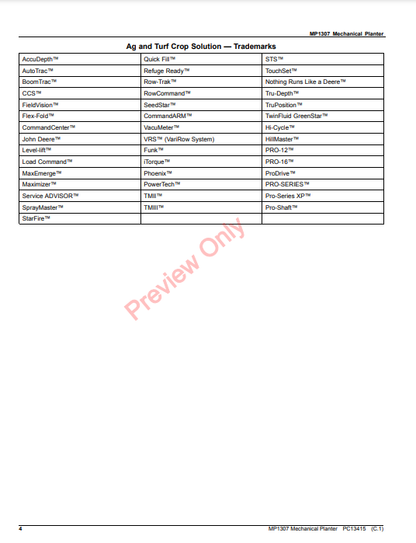 JOHN DEERE MP1307 MECHANICAL PLANTER PC13415 - PARTS CATALOG MANUAL