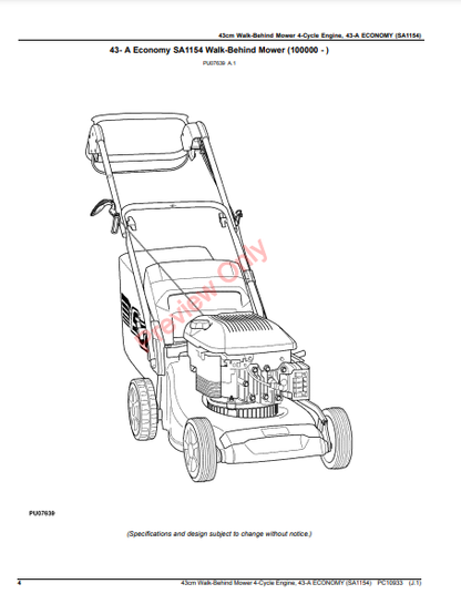 JOHN DEERE 43CM WALK-BEHIND MOWER 4-CYCLE ENGINE,43-A ECONOMY(SA1154) PC10933 - PARTS CATALOG MANUAL