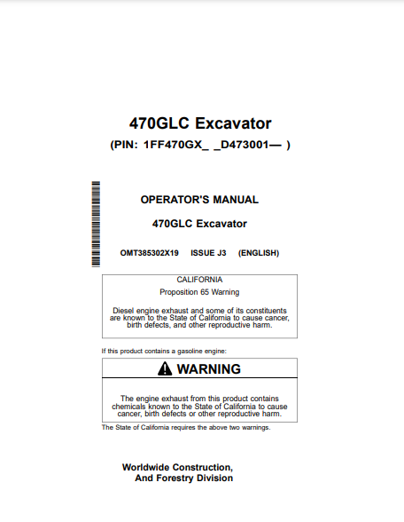 OPERATOR MANUAL - JOHN DEERE 470GLC CONSTRUCTION EXCAVATOR OMT385302X19