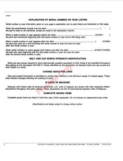 JOHN DEERE PA824, PA840, PA860 SERIES, PA884 PLANTING ATTACHMENTS PC893 - PARTS CATALOG MANUAL