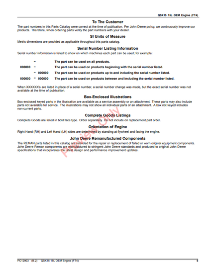 JOHN DEERE QSX15 15L OEM ENGINE PC12903 - PARTS CATALOG MANUAL