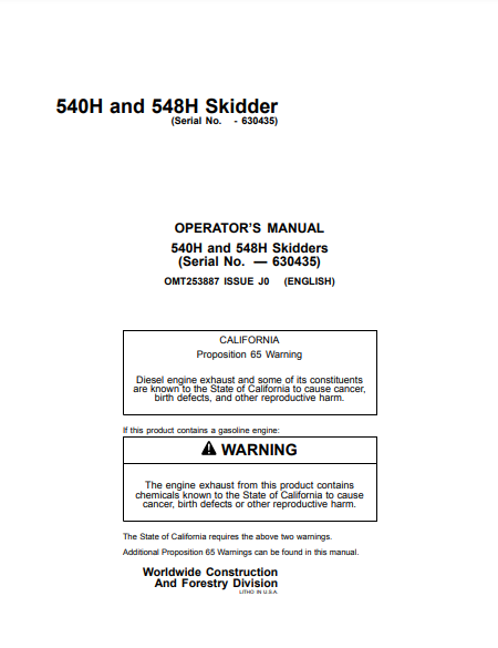 OMT253887 - JOHN DEERE 540H,548H (H SERIES) Forestry Skidders  OPERATOR MANUAL