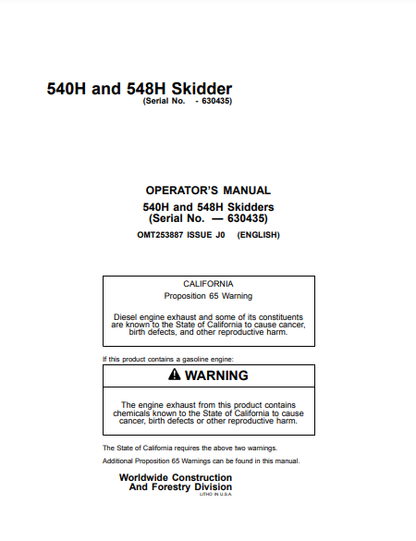 OMT253887 - JOHN DEERE 540H,548H (H SERIES) Forestry Skidders  OPERATOR MANUAL