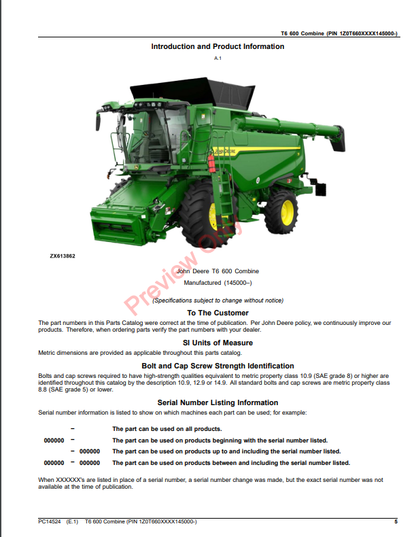 JOHN DEERE T6 600 COMBINE PC14524 - PARTS CATALOG MANUAL