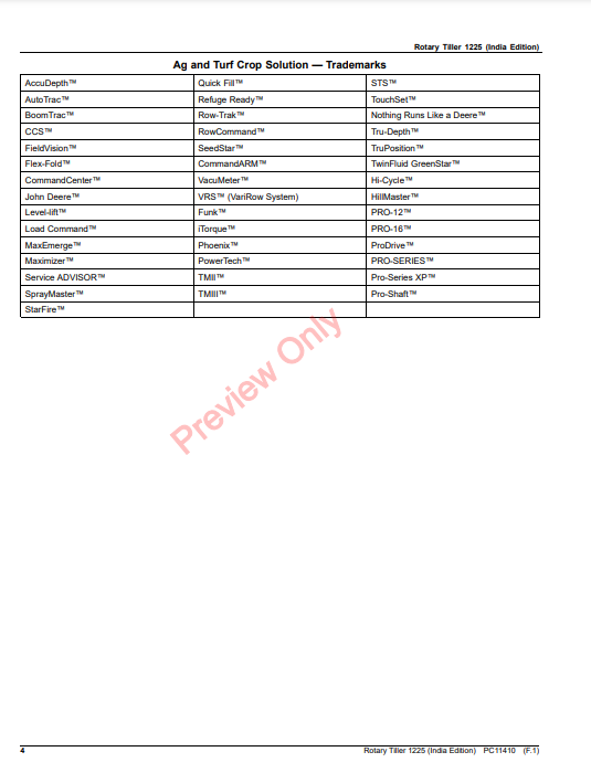 JOHN DEERE ROTARY TILLER 1225 (INDIA EDITION) PC11410 - PARTS CATALOG MANUAL