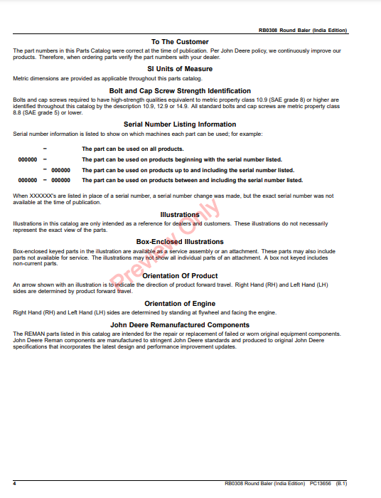 JOHN DEERE RB0308 ROUND BALER (INDIAN EDITION) PC13656 - PARTS CATALOG MANUAL