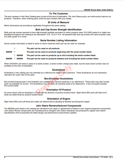 JOHN DEERE RB0308 ROUND BALER (INDIAN EDITION) PC13656 - PARTS CATALOG MANUAL