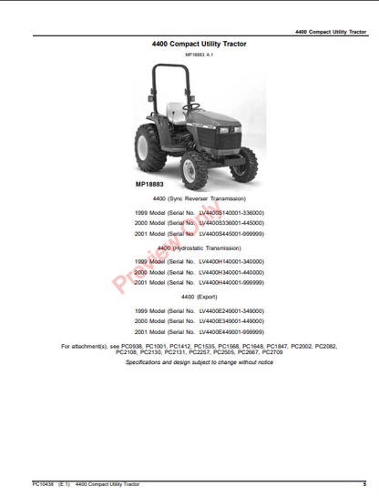 JOHN DEERE 4400 COMPACT UTILITY TRACTOR PC10438 - PARTS CATALOG MANUAL