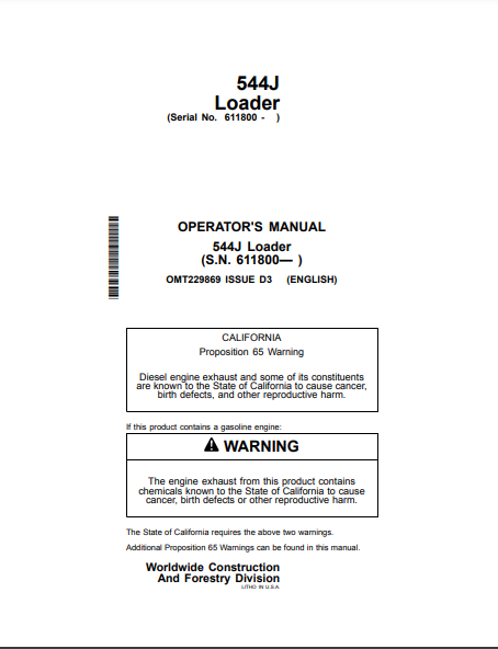 OMT229869 - JOHN DEERE 544J (J SERIES) Construction Loaders OPERATOR MANUAL