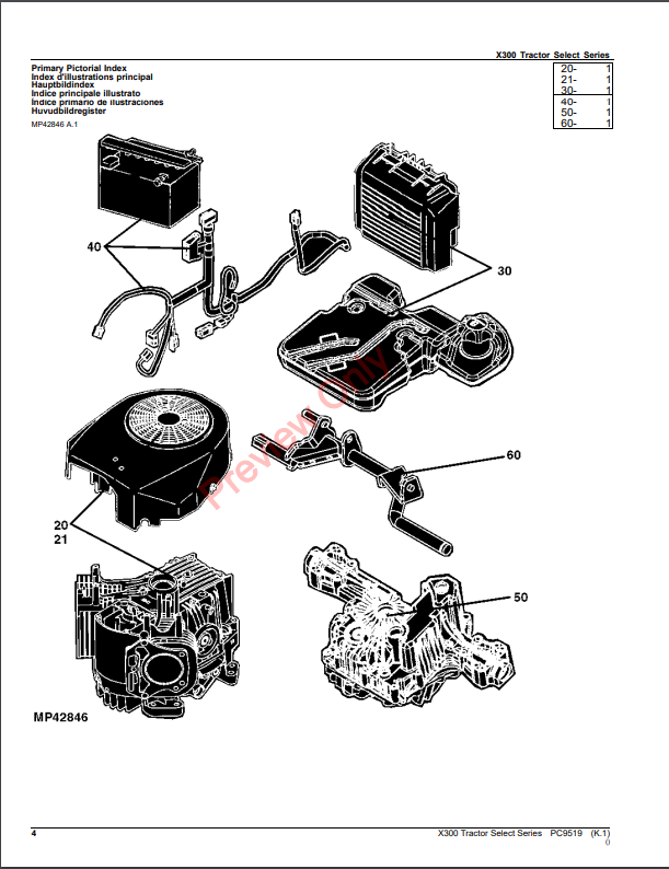 JOHN DEERE X300 TRACTOR SELECT SERIES PC9519 - PARTS CATALOG MANUAL