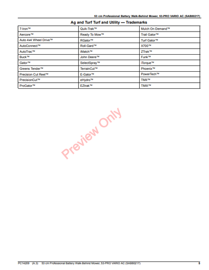 JOHN DEERE 53CM PROFESSIONAL BATTERY WALK-BEHIND MOWER, 53-PRO VARIO AC (SAB80217) PC14209 - PARTS CATALOG MANUAL