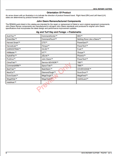 JOHN DEERE HX14 ROTARY CUTTER PC2791 - PARTS CATALOG MANUAL