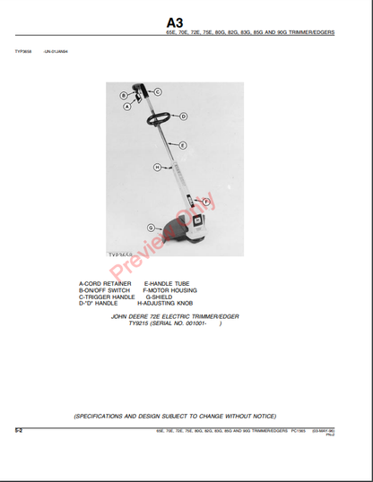 JOHN DEERE 65E, 70E, 72E, 75E, 80G, 82G, 83G, 85G, 90G TRIMMERS PC1565 - PARTS CATALOG MANUAL