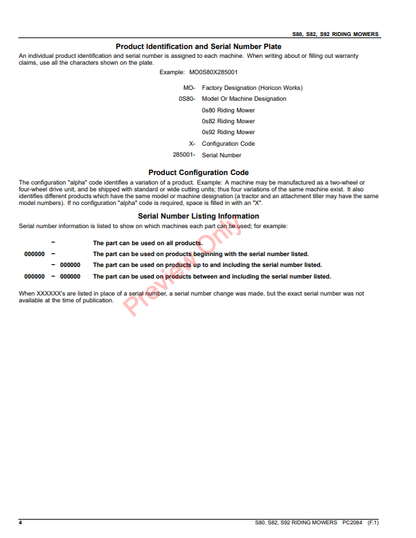 JOHN DEERE S80, S82, S92 RIDING MOWERS PC2084 - PARTS CATALOG MANUAL