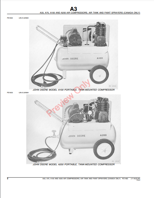 JOHN DEERE A100, A200, A33, A75, TY4340, TY4341, TY4342, TY4343 & TY4345 PAINT SPRAYERS CANADIAN EDITION PC1465 - PARTS CATALOG MANUAL