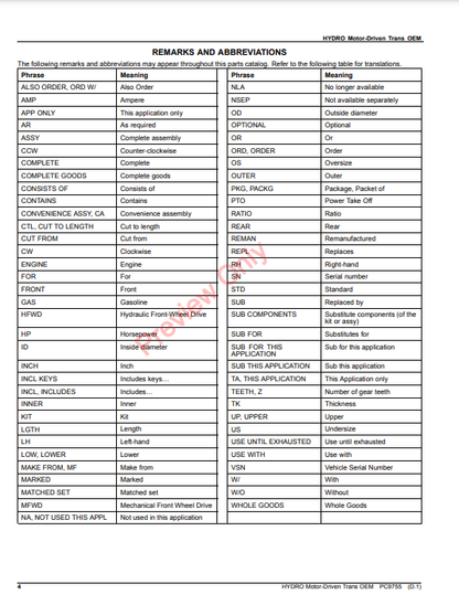 JOHN DEERE HYDROSTATIC MOTOR - DRIVEN TRANSMISSION OEM PC9755 - PARTS CATALOG MANUAL