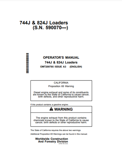 OMT200785- JOHN DEERE 744J,824J (J SERIES) Construction Loaders OPERATOR MANUAL