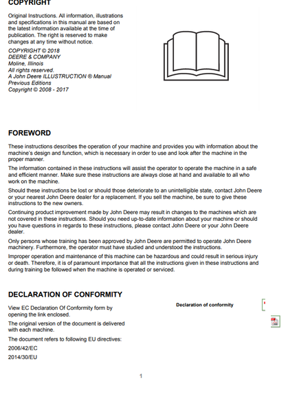 JOHN DEERE 1910G (G SERIES) FORESTRY Forwarders OPERATOR MANUAL - F700313