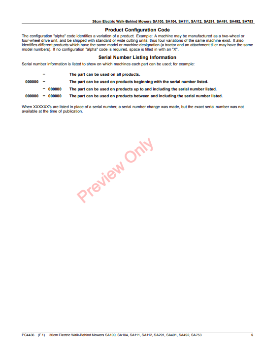 JOHN DEERE 36CM ELECTRIC WALK-BEHIND MOWERS SA100, SA104, SA111, SA112, SA291, SA491, SA492, SA753 PC4436 - PARTS CATALOG MANUAL