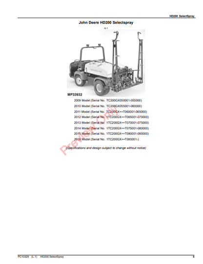 JOHN DEERE HD200 SELECT SPRAY PC10329 - PARTS CATALOG MANUAL