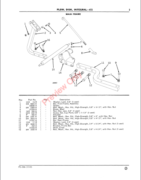 JOHN DEERE 472 INTEGRAL DISK PLOW PC298 - PARTS CATALOG MANUAL